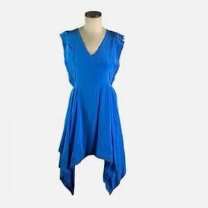 ✨Sandro Rodia✨ 100% Silk Blue Turquoise Frayed Handkerchief Hem Dress